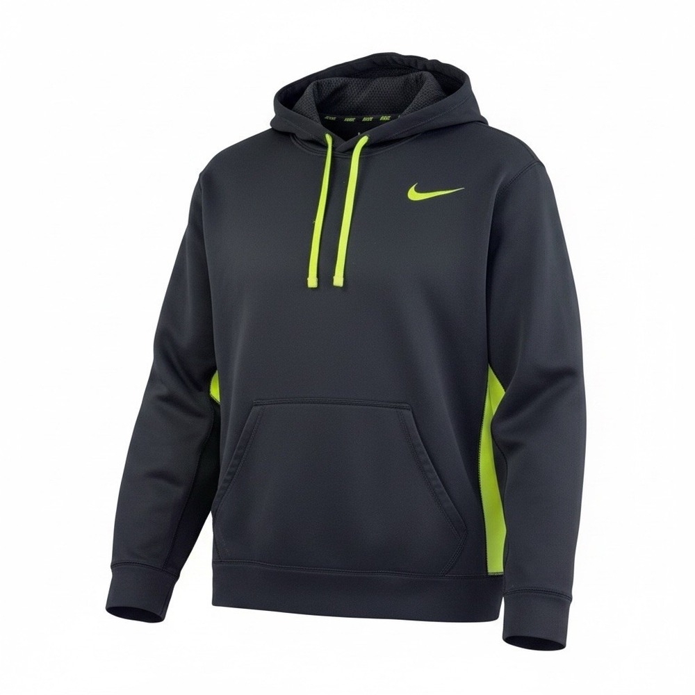 Nike Hoodie Mens Medium Therma Fit Black Neon Green Swoosh Pullover Sweatshirt